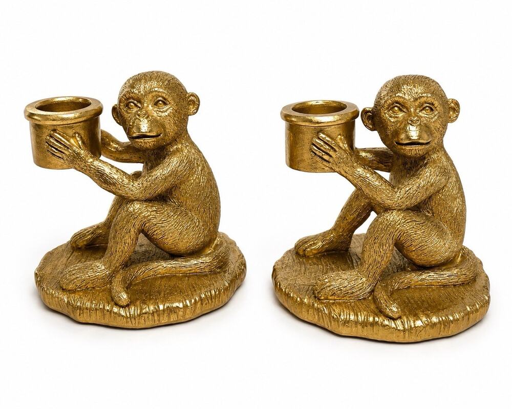 2 Gold Monkeys Candle Holders Figurines 4” Whimsical Animal Resin Sculpture EUC